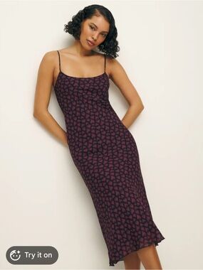 Reformation Black and Plum Printed Slip Midi Dress